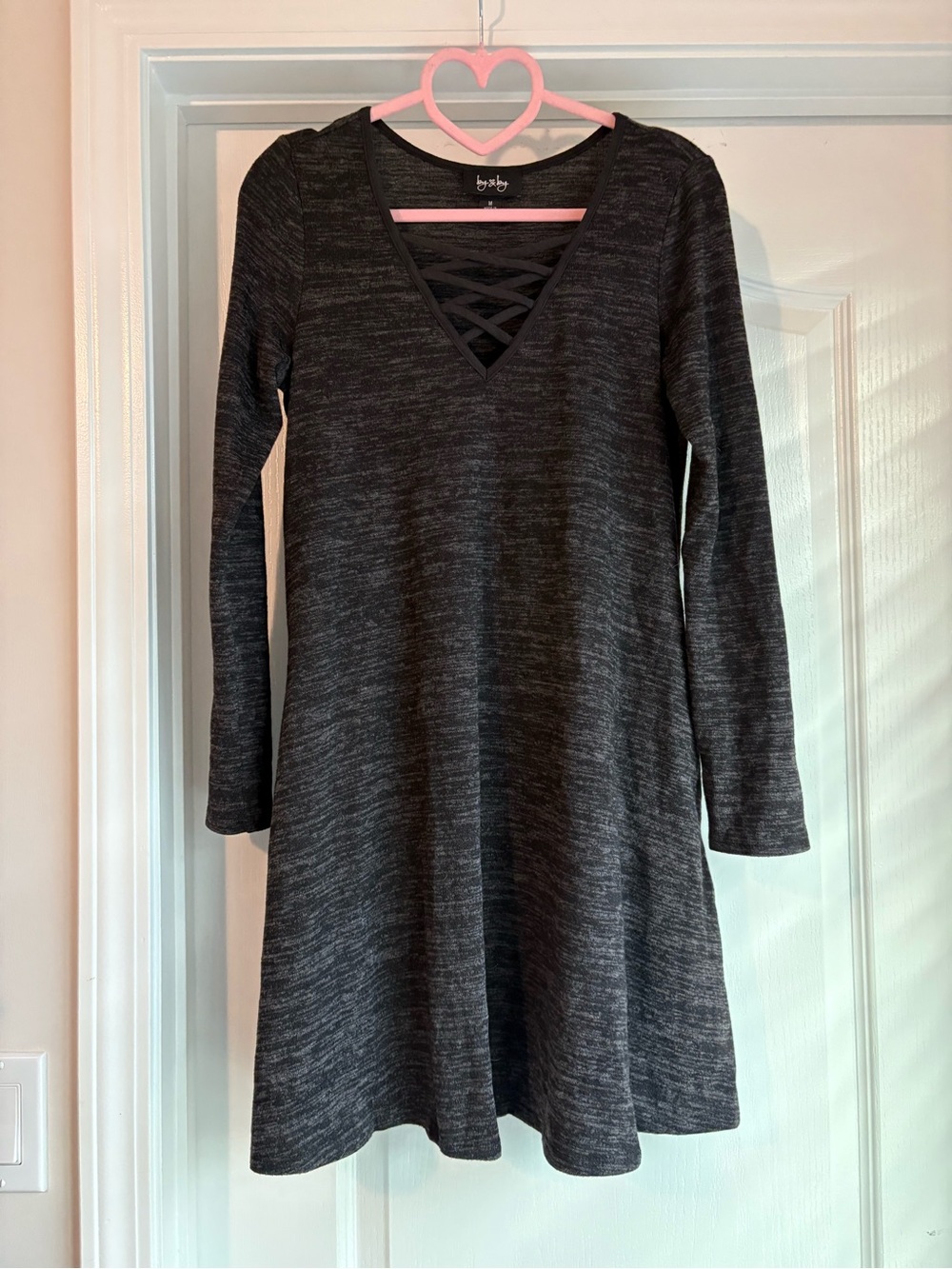 by & by Charcoal Heather Crisscross V-Neck Long Sleeve Dress